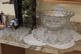 FOSTORIA AMERICAN PUNCH BOWL, UNDERPLATE, STAND AND CUPS