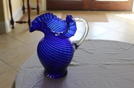 1930 FENTON SWIRL & RUFFLED EDGE COBALT BLUE PITCHER