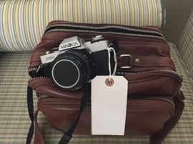 MINOLTA 35 MM CAMERA XG-1, WITH BAG AND ACCESSORIES