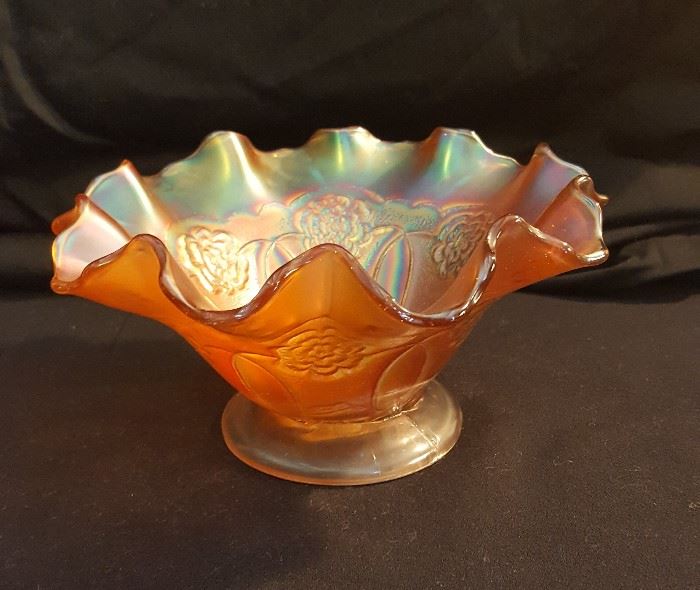 Fenton Marigold Opalescent Ruffled Edge Candy Dish with Floral Pattern