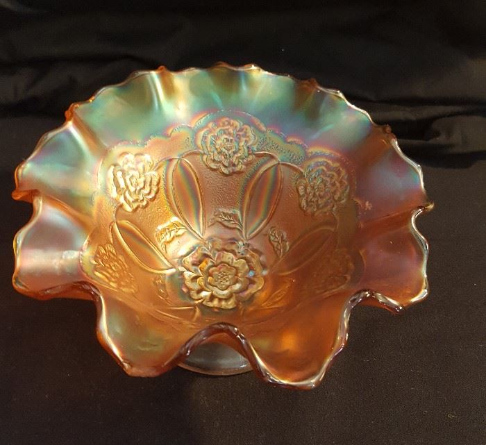 Fenton Marigold Opalescent Ruffled Edge Candy Dish with Floral Pattern