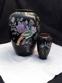 Black Lacquer Vase with Overlay of Oyster and Mother of Pearl