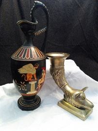 Black Lacquer Urn, Egyptian Style Vase/Horn with Sphinx 