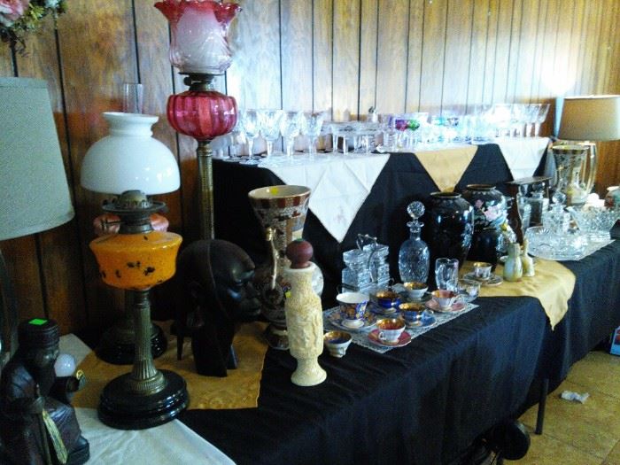 Assorted Waterford Crystal, Japanese Satsuma Moriagi Vases, Lacquer Vases with Overlay Oyster Shell and Mother of Pearl, Torchiere Veritas Banquet Oil Lamps, Oxbone Well Carved Vase, Crystal Decanter