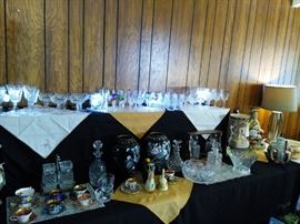 Assorted Waterford Crystal, Japanese Satsuma Moriagi Vases, Lacquer Vases with Overlay Oyster Shell and Mother of Pearl, Crystal Decanter