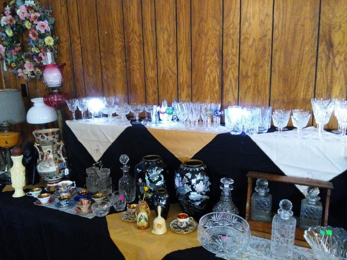 Assorted Waterford Crystal, Japanese Satsuma Moriagi Vases, Lacquer Vases with Overlay Oyster Shell and Mother of Pearl, Torchiere Veritas Banquet Oil Lamps, Oxbone Well Carved Vase, Crystal Decanter
