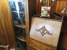 Tiger Oak Secretary with Curio Cabinet