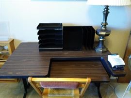 Computer Desk, Reversible Folding Chair ~ One Side Cane Back the other Fabric, Brass Lamp, Office Supplies