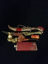 Collectible Daggers, Carved Pipe, Flask
