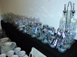 Pfaltzgraff Glassware, Drinking Glasses, Syrup Dispensers, Cheese Dispensers, Oil & Vinegar Cruett on Caddy, Dishes