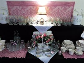 Pfaltzgraff Glassware, Ice Bucket, Dinnerware, Dinner Plates, Luncheon Plates, Bowls, Tray, Dessert Dishes, Cheese Spreader, Basket of Flowers, Mini Lamp