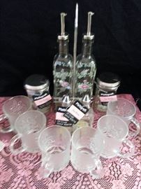Pfaltzgraff Vinegar & Oil Cruet with Caddy, Frosted Coffee Mugs, Sugar Shakers
