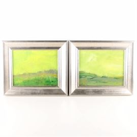 Nancy Catterell Oil Paintings "Celadon Sky I" and "Celadon Sky II": A pair of oil paintings on board titled Celadon Sky I and Celadon Sky II by Nancy Catterell. Both signed by hand to the lower left corner, the abstract paintings have a green, orange and pale green palette and each is mounted in a silver tone wood frame. A wire for hanging purposes, the title of each piece and the name of the artist are present to the verso of each frame.