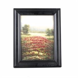 Oil Painting on Canvas of a Blossoming Field: An oil painting on canvas by an anonymous artist. This depicts a field of red poppies leading down to a river with tree-topped islands, as mountains rise in the mist in the distance. The work is unsigned and presented in a black wooden frame that is wired for hanging.