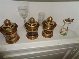 Vintage brass/porcelain canister set, Lenox pepper mill