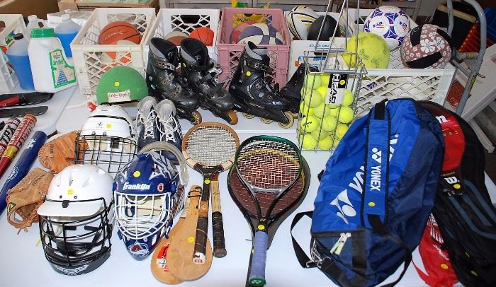 Lacrosse Sticks; Hockey Sticks, Pucks, and Other Gear; Baseball Mitts and Bats; Tennis Rackets and Cases; Roller Blades; Misc. Balls Foot, Basket, Soccer; Soft, Base, Golf, and Tennis