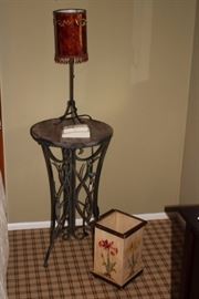Round Side Table with Lamp and Wastebasket 