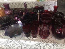 Ruby red glass and Purple Depression glass