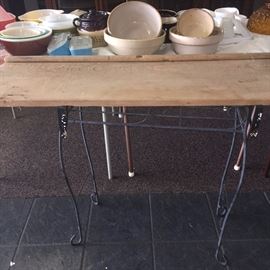 cypress wall shelf and can you see some of the old crock bowls PLUS vintage Pyrex tonnage