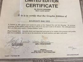 Certificate of authenticity signed by Floyd Sonnier