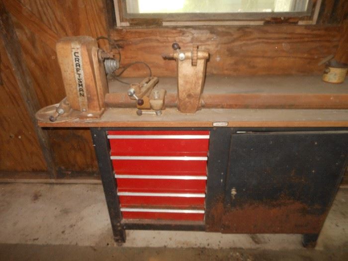 Craftsman table top lathe and tool box work bench