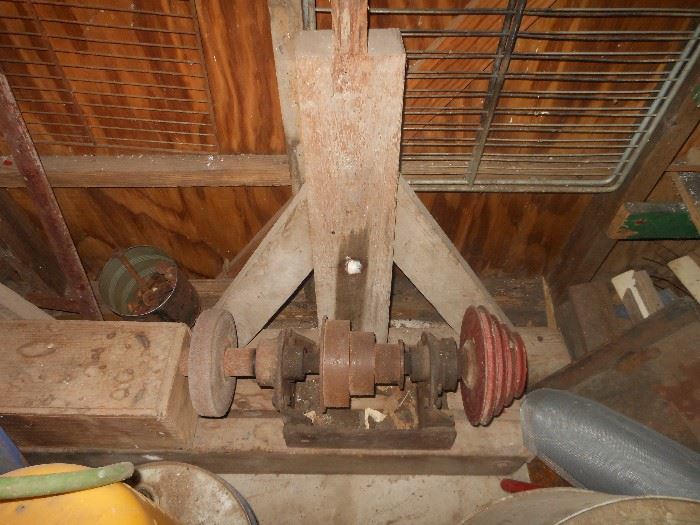 Antique lathe/assembles on 2 sawhorse type legs/also have all the tools, parts and pieces