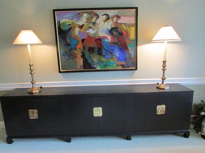 The cabinet is 9 feet long , 17inches deep & 30 inches high. The art Hessam 110/395  51inches by 38 inches.   The lamps are just too cool!