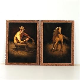 Acrylic Paintings on Black Velvet of Cowboy and Horse: A pair of acrylic paintings on black velvet of a cowboy and a horse. Included in this grouping is a painting of a crouching cowboy, a lasso hanging loosely from his hands. It is joined by a a depiction of a lively Palomino horse as seen from the front. Each of these yellow toned paintings is signed what appears to read “ROA” to the center of the bottom edge, and are presented in carved wooden frames with wires for hanging. The cowboy portrait is marked “Mexico” to the bottom left of the verso.