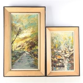 V. Lail Oil on Canvas Landscapes: A pairing of oil on canvas landscapes. One depicts a grey road that stretches into horizon, bordered by a craggy landscape on fire, with plumes of smoke rising into the sky. The other depicts a hill of closely packed houses leading down to the water in the foreground. Each work is signed to the lower left “V.Lail”, and presented in a pale beveled wooden frames.