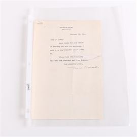 Eleanor Roosevelt Signed Letter on White House Stationery: A hand signed letter from the White House stationary. This typed letter from former First Lady Eleanor Roosevelt was printed on February 15, 1944 and features her signature at the end of the message. The letter is held in a three-hole ring plastic sleeve.