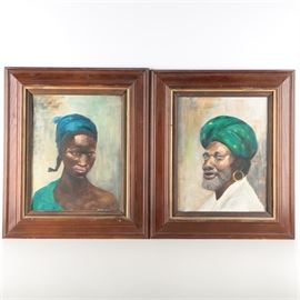 Marian Brown Oil Paintings on Canvas Board "Debut" and "Emergence": A pair of oil paintings on canvas board titled Debut and Emergence by Marian Brown. These portraits depict a young woman wearing a blue headscarf against a light background with textured brush strokes, and an older man with a hoop earring, wearing a green turban against a similar background. These pieces are signed in paint to the lower right, with label information attached to the versos. The work is presented in wood frames with hanging wire affixed.