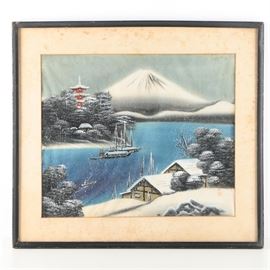 East Asian Style Landscape Painting on Silk: An East Asian style landscape painting on silk. This realistic piece presents a body of water with ships, lined by buildings and trees, with a mountain in the distance against a grey, snowy sky. The work is signed and stamped to the lower right edge, and is presented under an off white mat and glass, in a black wood frame with a hanging wire affixed to the verso.