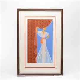 Erté Limited Edition Serigraph "The Curtain": A limited edition serigraph, titled The Curtain, by Russian artist and designer Romain “Erté” De Tirtoff (1892-1990). This print depicts a stately female figure, her head in profile, drawing back a heavy curtain. Four men, dressed in suits and bow ties, can by seen through the sheer panels of her skirt. This vibrantly-colored piece has a flocked pattern to the curtain, and is numbered 66/300 and signed in pencil to the lower margin. It is presented under glass in a dark wood frame with a double mat and wire for hanging.
