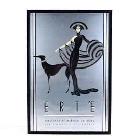 Erté Foiled Serigraph Poster "Symphony in Black": A foiled serigraph poster printed on paper, featuring Symphony in Black by Russian artist and designer Romain “Erté” De Tirtoff (1892-1990). This poster, with a foiled silver background, depicts a woman in a headdress, fur wrap, and trailing black gown, a black greyhound-like dog standing statuesquely to her side. Beneath the image is a block of text headed “Erté” and reading “Published by Miage Editions Santa Monica, California in Association With Grosvenor Gallery, London, Eng. © 1980 Mirage Editions.” The piece is signed in plate to the right of the figure and is presented under glass in a black frame with a wire for hanging.