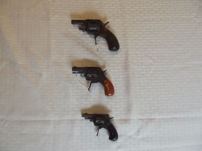 Three Belgian-type Bulldog pistols, top two are .30-.32 caliber, bottom one is .22-.25 caliber, all three need minor work .