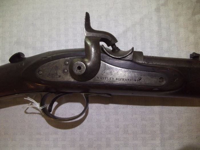 Right side view of mechanism, showing Westley Richards factory stamp on receiver. 