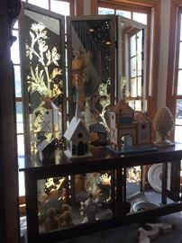 Glass room divider, bird houses