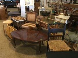 Coffee table, magazine rack, side tables, chairs, etc.