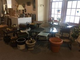Outdoor planters, birdbath, child's rocker, hanging baskets