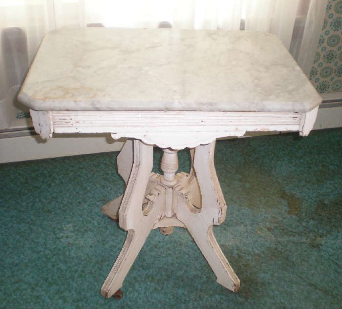 Shabby chic white marble top table.