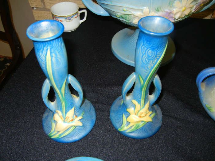 Roseville Blue Vases & Numerous Pieces
