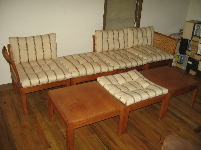 Mid Century Modern Sectional TEAK "Plexus" set by D.F. Christensen.  Wool upholstery with feather interior in excellent condition (a total of 3 buttons are missing in the upholstery but only one button shows as displayed as missing, there is a darkened ring on one of the side tables).  This set looks much better assembled with the three backed pieces as the couch, the two non-backed pieces as the ottomans, and the two non-upholstered pieces as the side tables.  All the upholstery pieces are loose from the frames.  Made in Denmark, Silkeborg, Furniture Makers Control, RARE! $2200