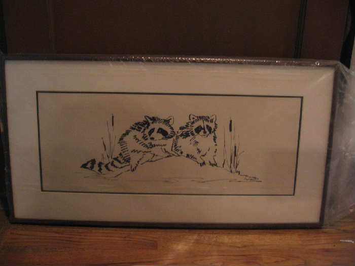 Raccoons, large, measures 24.5 X 9.5 inches inside matting/frame