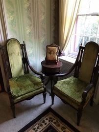 pair of French Provincial tables, barrel table with celluloid photo album