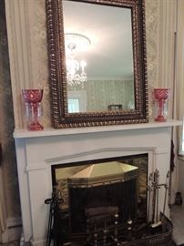 mirror, fireplace screen with glass and brass, andirons