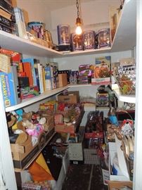 closet of children's toys, games and boxed gift items