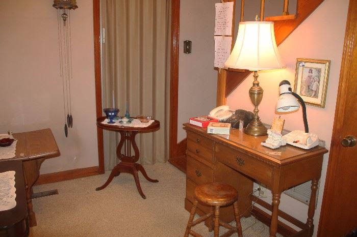 DESK, ANTIQUE STOOL, ANTIQUE MUSICAL LYRE TABLE (possibly made by Skatmore) , LAMPS
