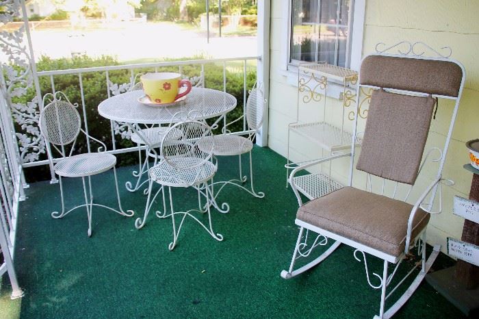 WROUGHT IRON PATIO SET, including TABLE AND 4 CHAIRS, ROCKING CHAIR, and SHELF (each sold separately)