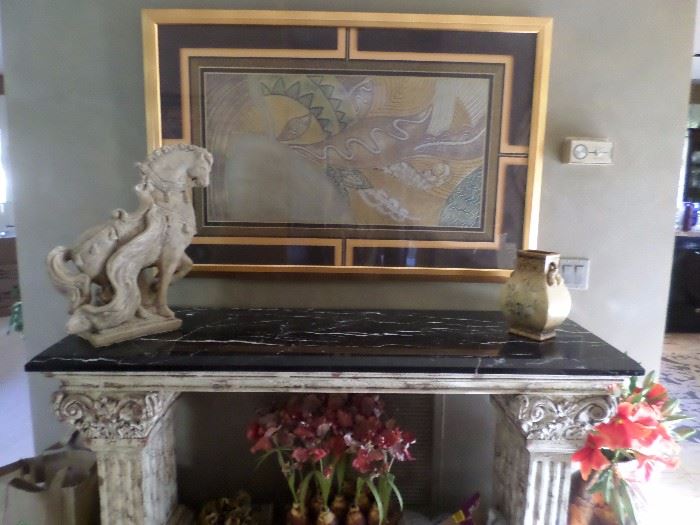 Entry Hall Table with Black Faux Marble Top  $ 295 , Tang Style Horse (sold) ,   floral decor