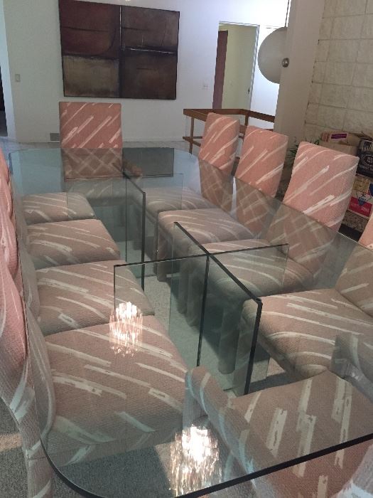 Glass Dining table - 10 feet long with 10 Parsons chairs